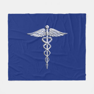Chrome als Caduceus medisch symbool op Navy Blue Fleece Deken