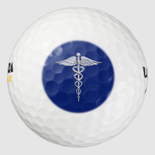 Chrome als Caduceus medisch symbool op Navy Blue Golfballen