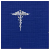 Chrome als Caduceus medisch symbool op Navy Blue Stof (Close Up)