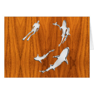 Chrome als duiker met haaien op teak fineer