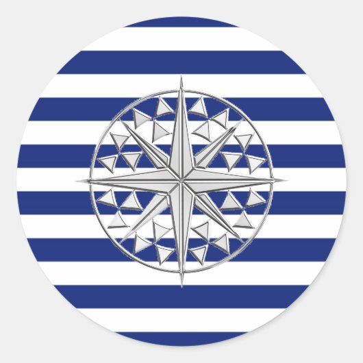 Chrome als kompas op de Nautical Stripes Ronde Sticker (Voorkant)