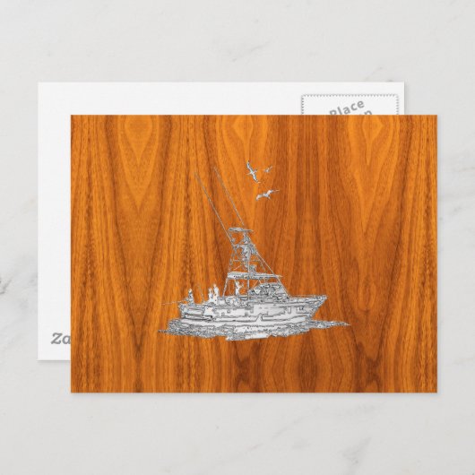 Chrome als Vissende boot op teak Wood Briefkaart (Voorkant / Achterkant)