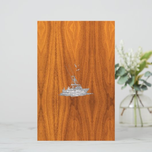 Chrome als Vissende boot op teak Wood Briefpapier (Staand voorkant)