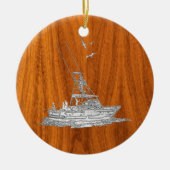 Chrome als Vissende boot op teak Wood Keramisch Ornament (Voorkant)