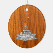 Chrome als Vissende boot op teak Wood Keramisch Ornament (Links)