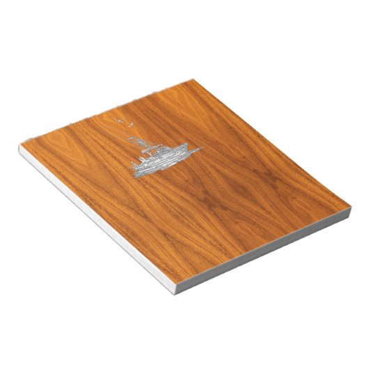 Chrome als Vissende boot op teak Wood Notitieblok (Schuin)