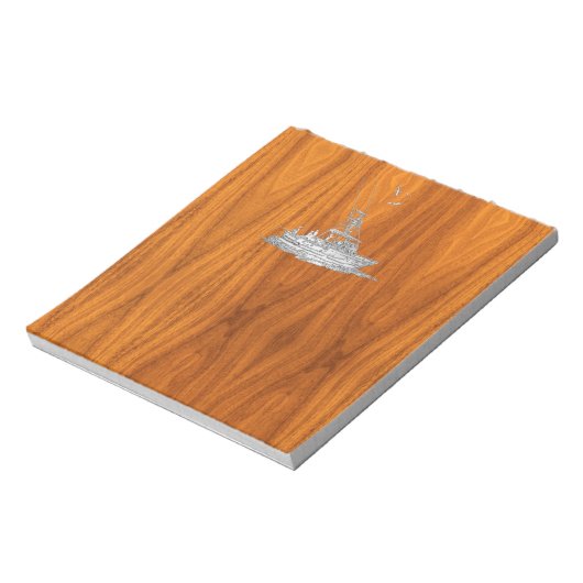 Chrome als Vissende boot op teak Wood Notitieblok (Linkerzijde)