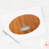 Chrome als Vissende boot op teak Wood Ovale Sticker (Envelop)