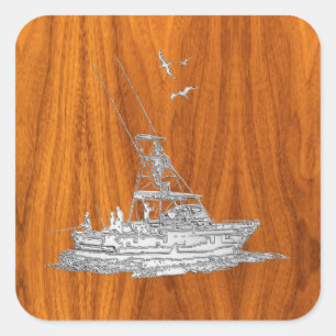 Chrome als Vissende boot op teak Wood Vierkante Sticker
