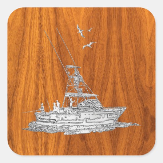 Chrome als Vissende boot op teak Wood Vierkante Sticker (Voorkant)