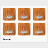 Chrome als Vissende boot op teak Wood Vierkante Sticker (Vel)