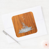 Chrome als Vissende boot op teak Wood Vierkante Sticker (Envelop)