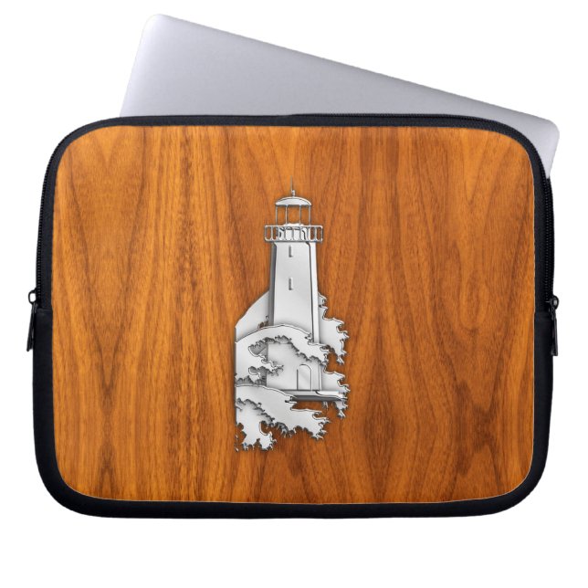 Chrome als vuurtoren op teakhout laptop sleeve (Voorkant)