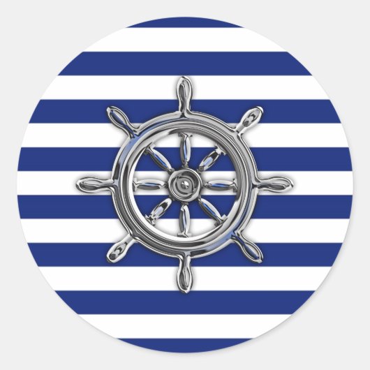 Chrome als wiel op Nautical Stripes Ronde Sticker (Voorkant)