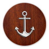 Chrome Anchor on Nautical Mahogany Grain Print Keramische Knop (Voorkant)
