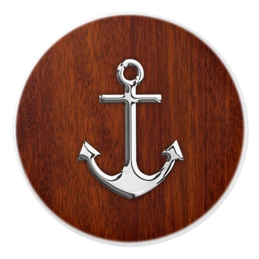 Chrome Anchor on Nautical Mahogany Grain Print Keramische Knop (Voorkant)