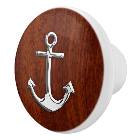 Chrome Anchor on Nautical Mahogany Grain Print Keramische Knop (Rechts)