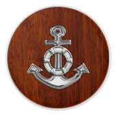 Chrome Anchor on Nautical Mahogany Grain Print Keramische Knop (Voorkant)