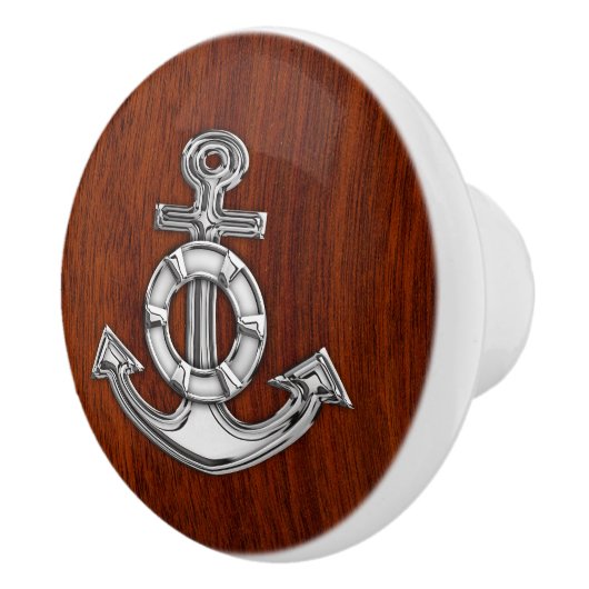 Chrome Anchor on Nautical Mahogany Grain Print Keramische Knop (Rechts)