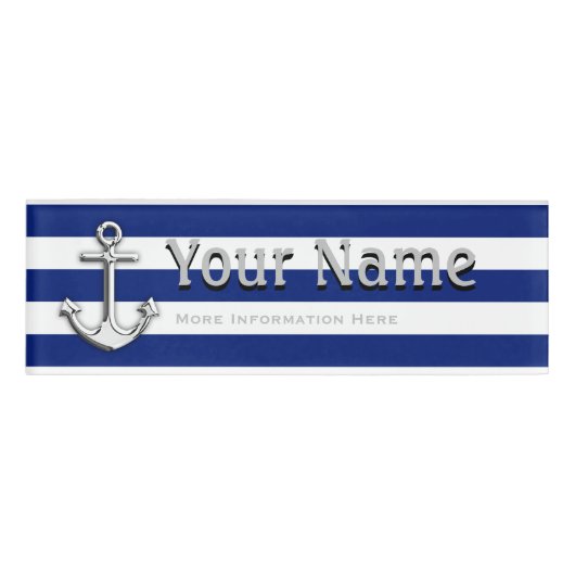 Chrome Anchor on Nautical Navy Blue Stripes text Naambadge (Voorkant)