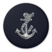 Chrome Anchor on Nautical Navy Carbon Print Keramische Knop (Voorkant)