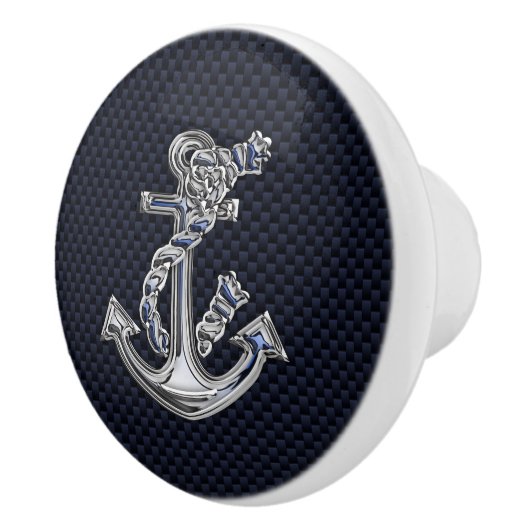 Chrome Anchor on Nautical Navy Carbon Print Keramische Knop (Rechts)
