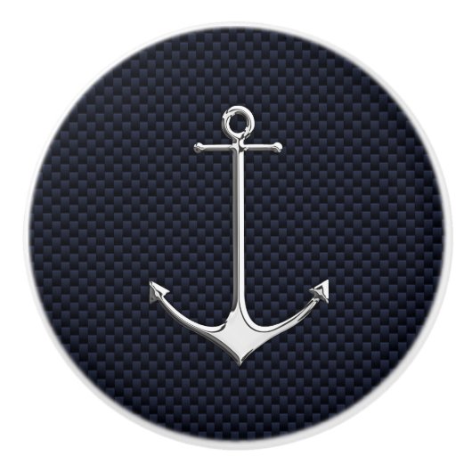 Chrome Anchor on Nautical Navy Carbon Print Keramische Knop (Voorkant)