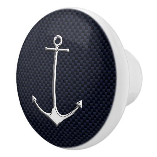 Chrome Anchor on Nautical Navy Carbon Print Keramische Knop (Rechts)