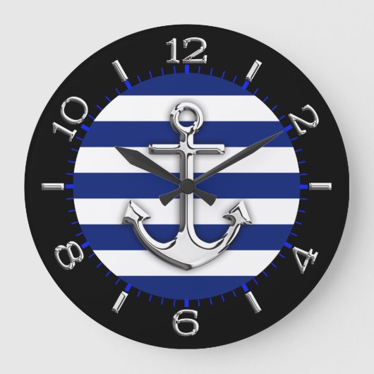 Chrome Anchor on Navy Blue Stripes Dial Grote Klok (Voorkant)