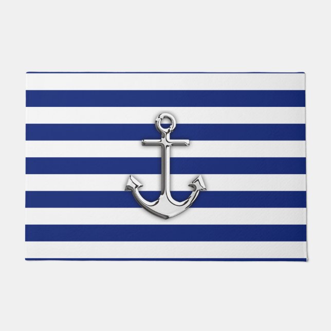 Chrome Anchor op Nautical Navy Blue Stripes Print Deurmat (Voorkant)