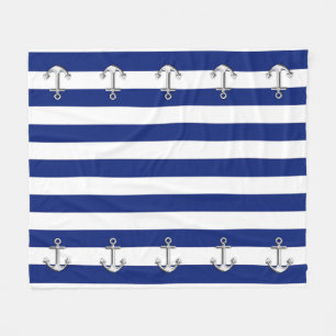 Chrome Anchor op Nautical Navy Blue Stripes Print Fleece Deken
