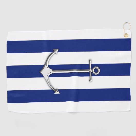 Chrome Anchor op Nautical Navy Blue Stripes Print Golfhanddoek (Horizontaal)