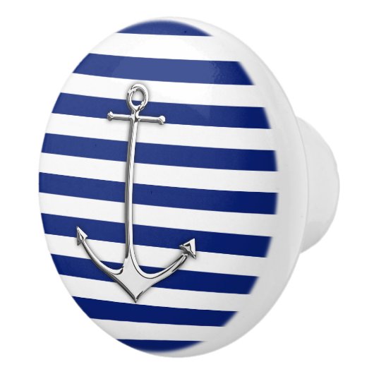 Chrome Anchor op Nautical Navy Blue Stripes Print Keramische Knop (Rechts)