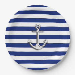 Chrome Anchor op Nautical Navy Blue Stripes Print Papieren Bordje