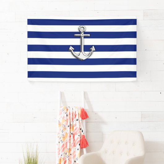 Chrome Anchor op Nautical Navy Blue Stripes Print Spandoek (Insitu)