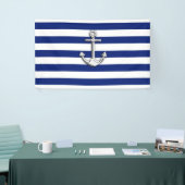 Chrome Anchor op Nautical Navy Blue Stripes Print Spandoek (Beurs)