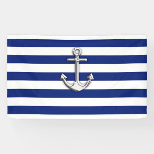 Chrome Anchor op Nautical Navy Blue Stripes Print Spandoek