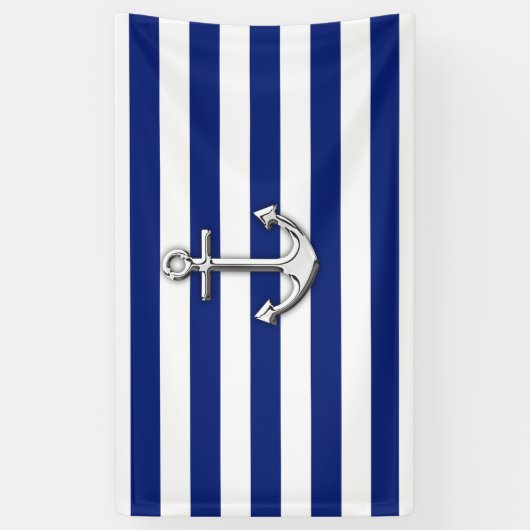 Chrome Anchor op Nautical Navy Blue Stripes Print Spandoek (Verticaal)