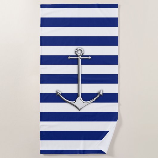 Chrome Anchor op Nautical Navy Blue Stripes Print Strandlaken (Voorkant)
