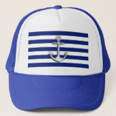 Chrome Anchor op Nautical Navy Blue Stripes Print Trucker Pet (Voorkant)