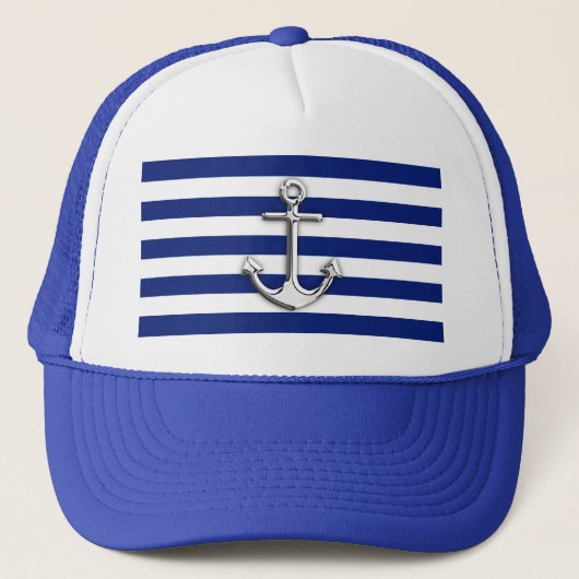 Chrome Anchor op Nautical Navy Blue Stripes Print Trucker Pet (Voorkant)