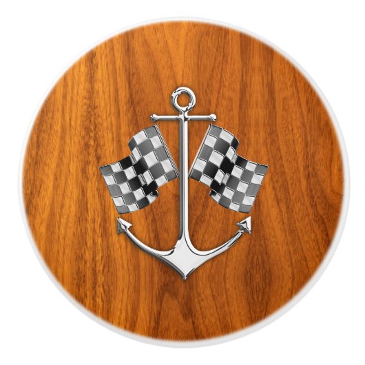 Chrome Anchor op Nautical Teak Wood Grain Print Keramische Knop (Voorkant)