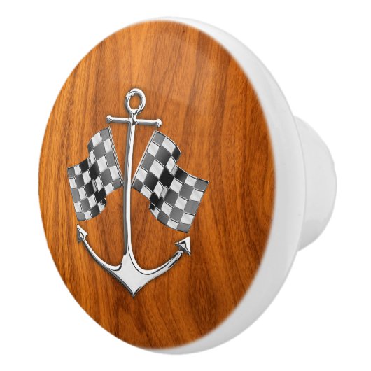 Chrome Anchor op Nautical Teak Wood Grain Print Keramische Knop (Rechts)