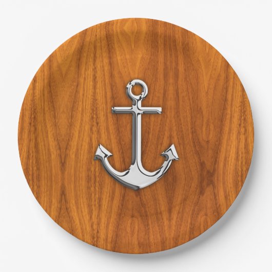 Chrome Anchor op Teak Veneer Style Papieren Bordje (Voorkant)