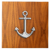 Chrome Anchor op Teak Veneer Style Tegeltje (Voorkant)