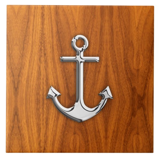 Chrome Anchor op Teak Veneer Style Tegeltje (Voorkant)