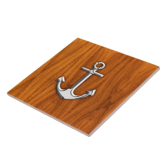 Chrome Anchor op Teak Veneer Style Tegeltje (Zijkant)