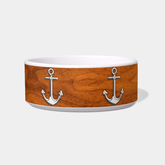 Chrome Anchor op Teak Veneer Style Voerbakje (Voorkant)