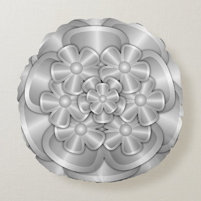 Chrome Bloemen - Zilver Rond Kussen (Voorkant)