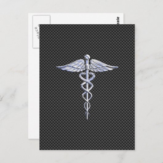 Chrome Caduceus Medical Symbol Zwarte Koolstofveze Briefkaart (Voorkant / Achterkant)